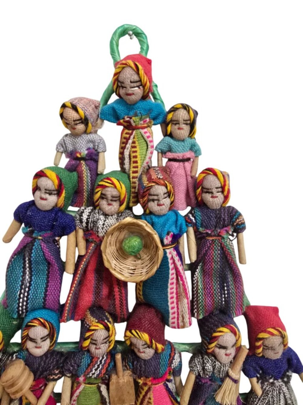 Vintage Guatemala Worry Dolls Tree Wreath Handmade Folk Art Colorful - Picture 2 of 7